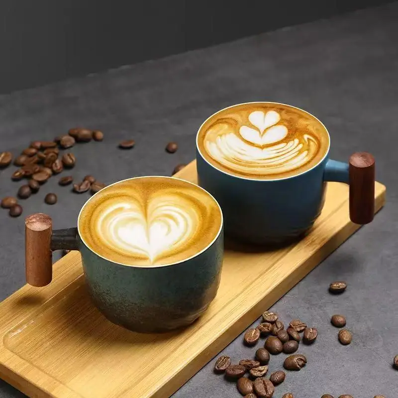 1-6PC Ceramic Retro Coffee Cup Office Water Cup Filter Tea Mug Wooden Handle Coffee Mug Handmade Tea Coffee Cup Birthday Gift