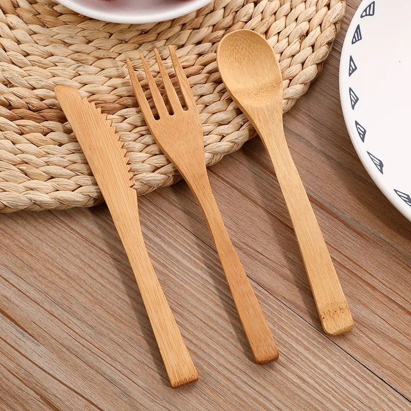 3pcs/set Bamboo Cutlery Set with Cutlery Bag Reusable Wooden Cutlery Fork Spoon Knife Set Tableware Nature bamboo Travel Set