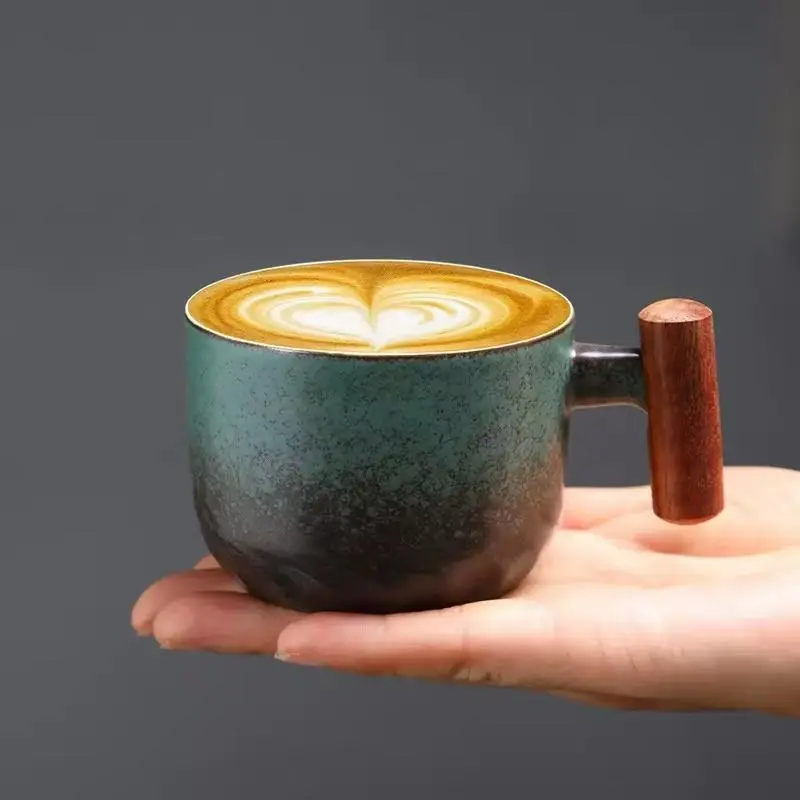 1-6PC Ceramic Retro Coffee Cup Office Water Cup Filter Tea Mug Wooden Handle Coffee Mug Handmade Tea Coffee Cup Birthday Gift