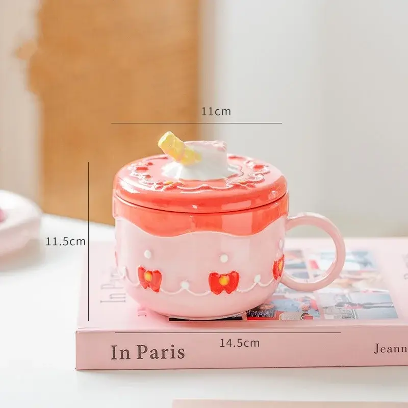 430ml Ceramic Coffee Mug Creative Cute Cake Embossed Pattern Water Cup Large Capacity with Cover Home Office Juice Mugs Gift