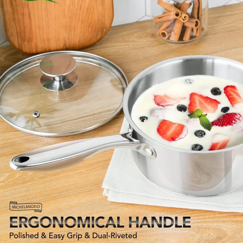 MICHELANGELO 3Pcs Stainless Steel Stew Pot with Lid Steel Handle Sauce Pot Induction Stew Pot Flat Pan Set Stove Compatible