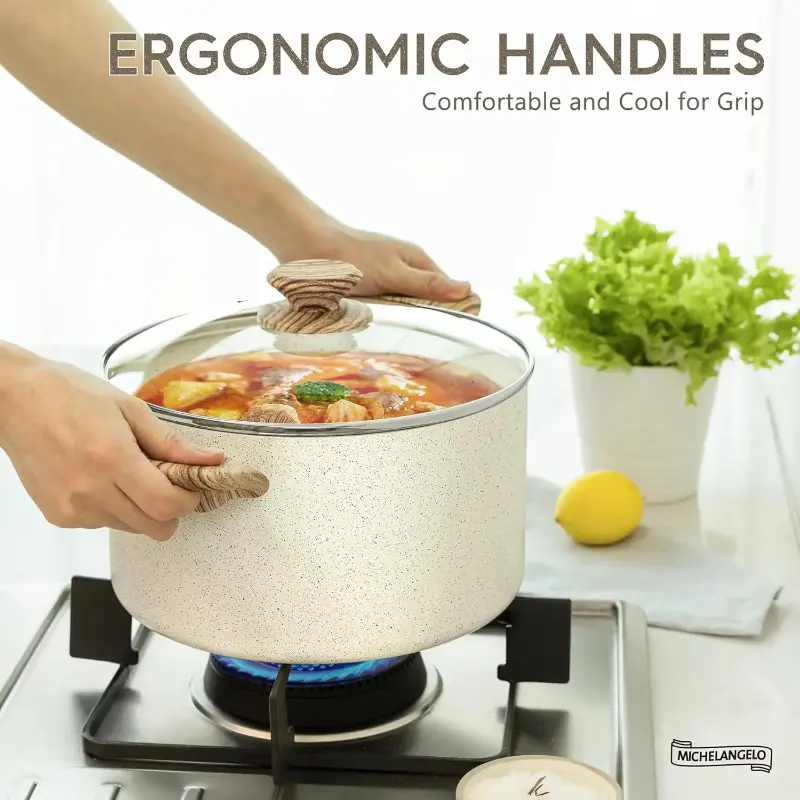 MICHELANGELO Non-stick Lid Soup Pot Induction Cooking Pot Aluminum Stew Pot with Double-battery Wood Handle Stove Compatible