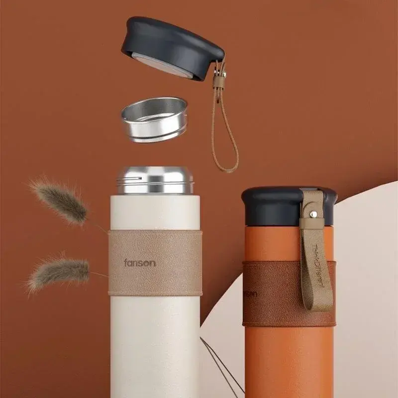 Portable Thermos Cup 304 Stainless Steel Coffee Cup Leather Textured Travel Office Water Bottle Drinkware Vacuum Flasks Gifts