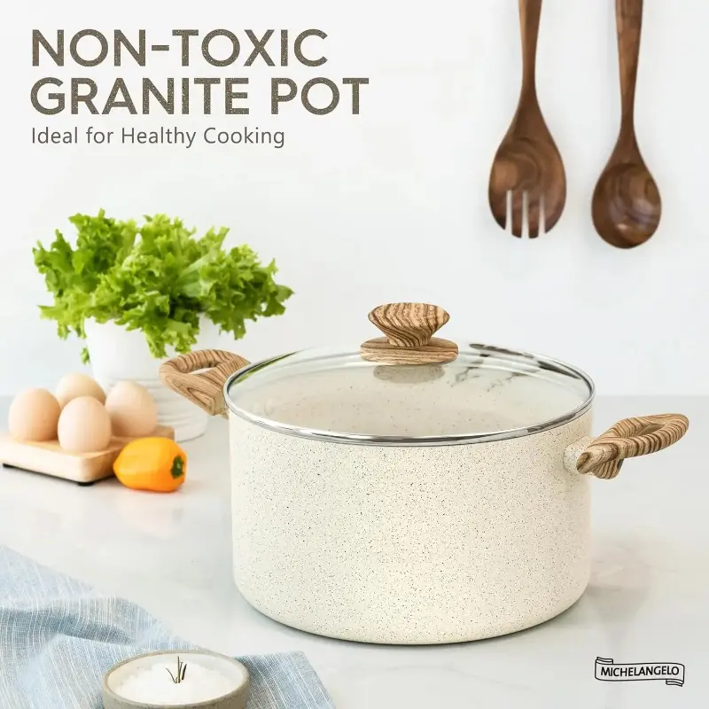 MICHELANGELO Non-stick Lid Soup Pot Induction Cooking Pot Aluminum Stew Pot with Double-battery Wood Handle Stove Compatible