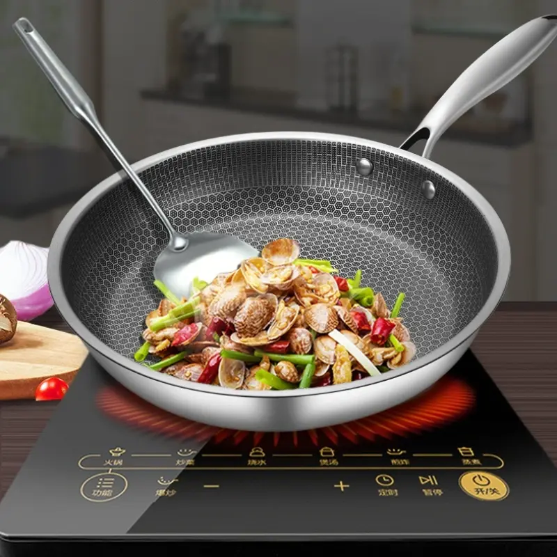 Stainless Steel Frying Pan Honeycomb Non Stick Wok Steak Skillet Cookware Kitchen Supplies Induction Cooker Gas Stove Universal