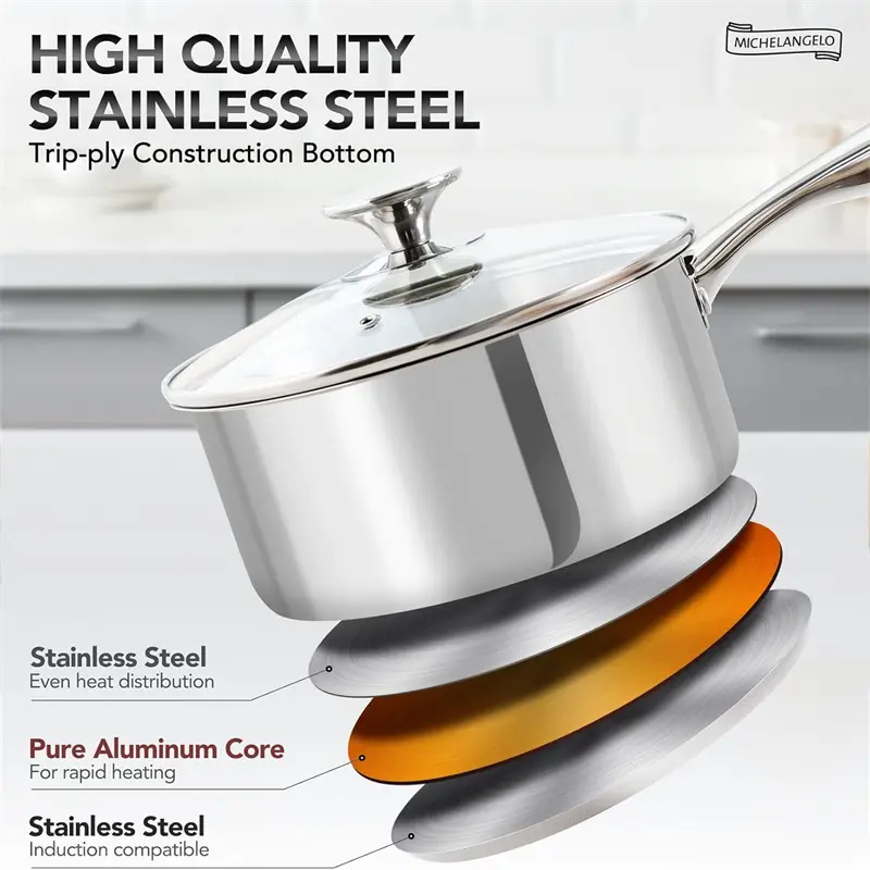 MICHELANGELO 3-quart Stew Pot with Lid Stainless Steel Sauce Pot Soup Pot Thickened Bottom Cooking Pot Induction Compatible