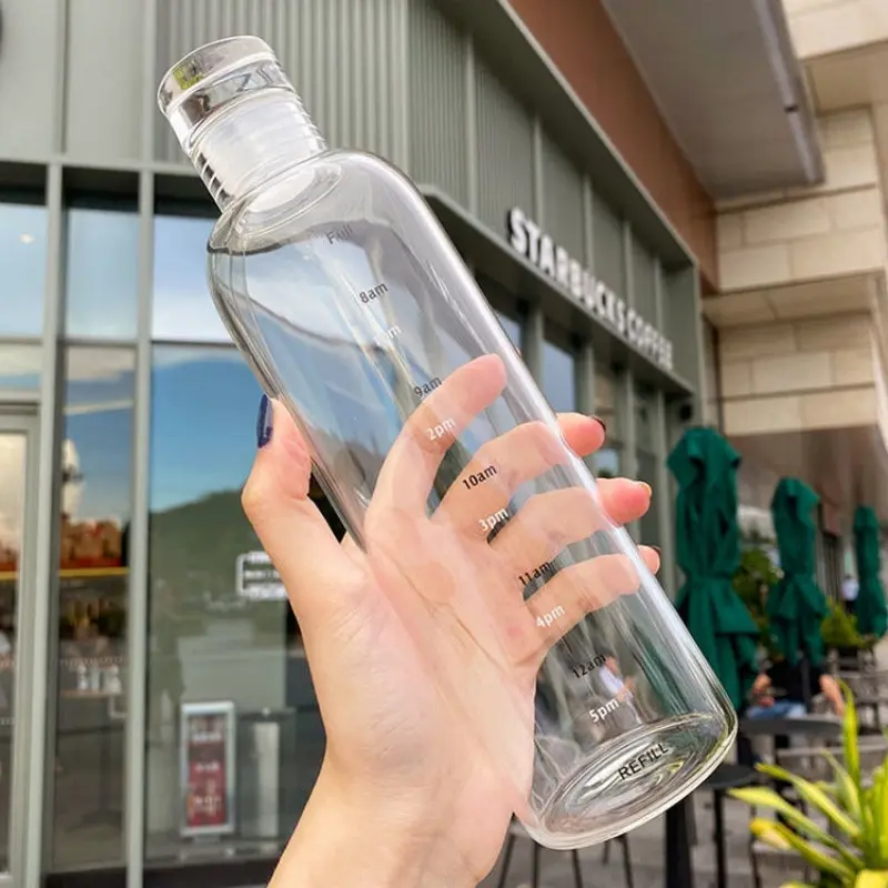 Glass Water Bottle Large Capacity Multicolor Transparent Glass Cup Time Scale Drinking Bottle Portable Milk Juice Cup Drinkware