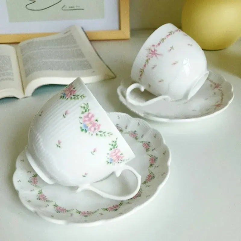Ceramic Coffee Cup Saucer Vintage Relief Mug Breakfast Milk Mugs Fruit Dessert Dish Afternoon Tea Cups Drinking Utensils Gift