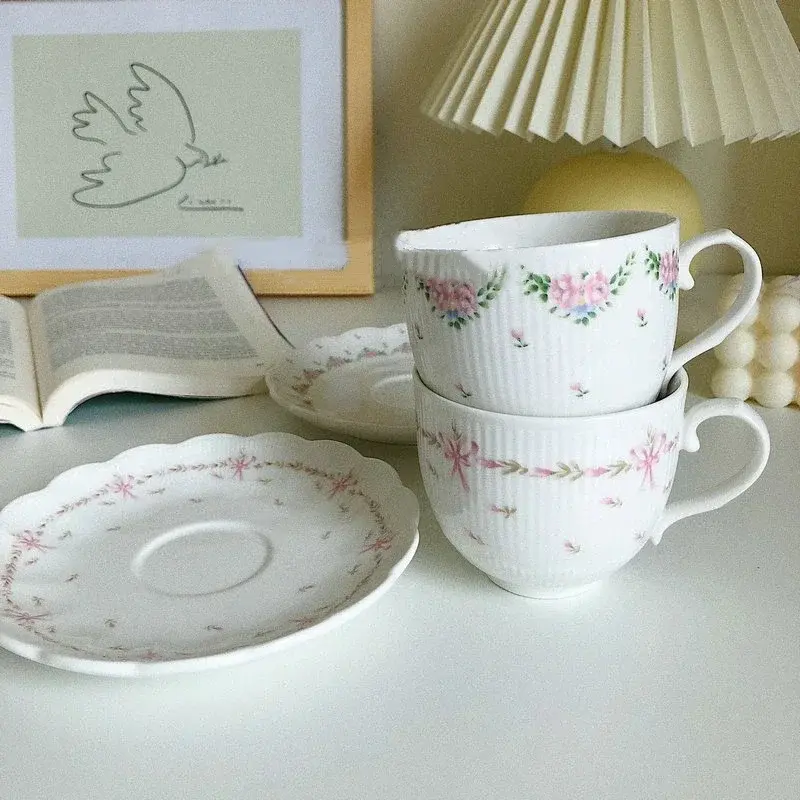 Ceramic Coffee Cup Saucer Vintage Relief Mug Breakfast Milk Mugs Fruit Dessert Dish Afternoon Tea Cups Drinking Utensils Gift