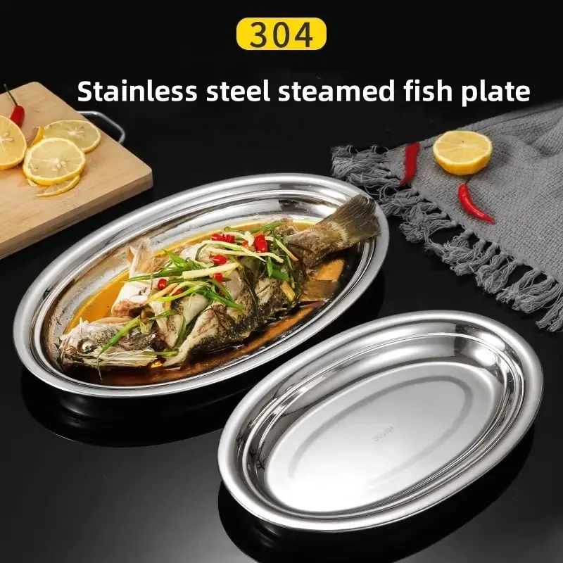 1Pcs 304 Stainless Steel Plate Oval Fish Dish Dinner Dessert Food Sushi Snack Steaming Fruit Dish Household Restaurant Tableware