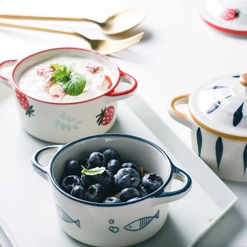 Ceramic Bowl Cartoon Double Ear Bowl with Lid Kid Food Supplement Bowl Ramen Bowl Salad Food Containers Microwave Oven Tableware