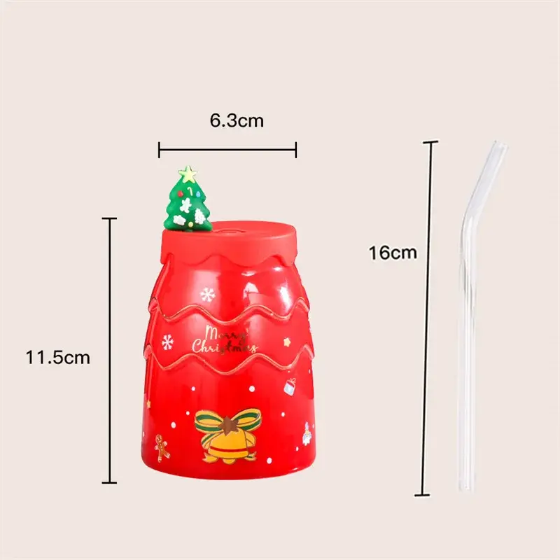 Christmas Mugs Cartoon Xmas Tree Shape Creative Ceramic Cup with Lid and Straw Santa Claus Coffee Couples Mugs Home Decor Gifts