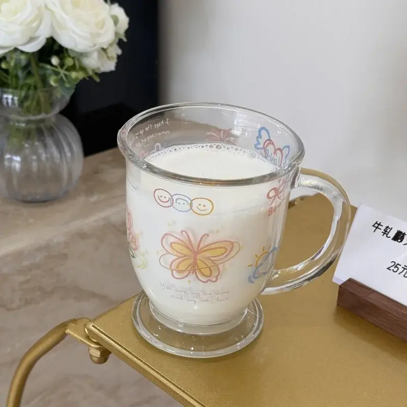 400ML Juice Cup Glass Mugs Cartoon Butterfly  Cute Kawaii Juice Mugs Cold Drink Cup Coffee Milk Mug