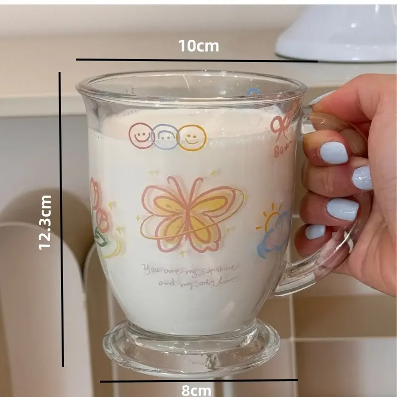 400ML Juice Cup Glass Mugs Cartoon Butterfly  Cute Kawaii Juice Mugs Cold Drink Cup Coffee Milk Mug