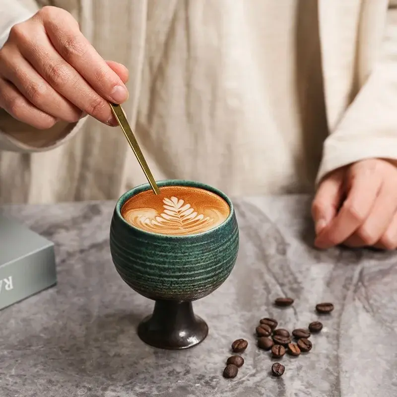 Retro Ceramic Coffee Cup Creative Goblet Coarse Pottery Milk Flower Cup Home Coffee Table Accessories Ceramic Cups With spoon