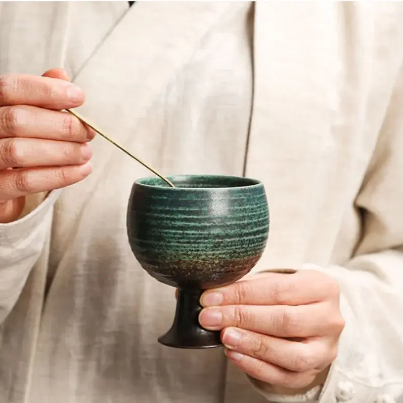 Retro Ceramic Coffee Cup Creative Goblet Coarse Pottery Milk Flower Cup Home Coffee Table Accessories Ceramic Cups With spoon