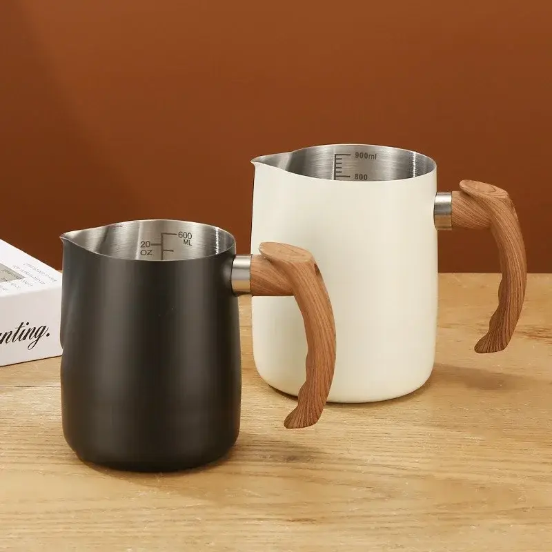 600/900ML Stainless Steel Milk Frothing Jug Precise Scale Wooden Handle Latte Coffee Cup Coffeeware Kitchen Cafe Accessories