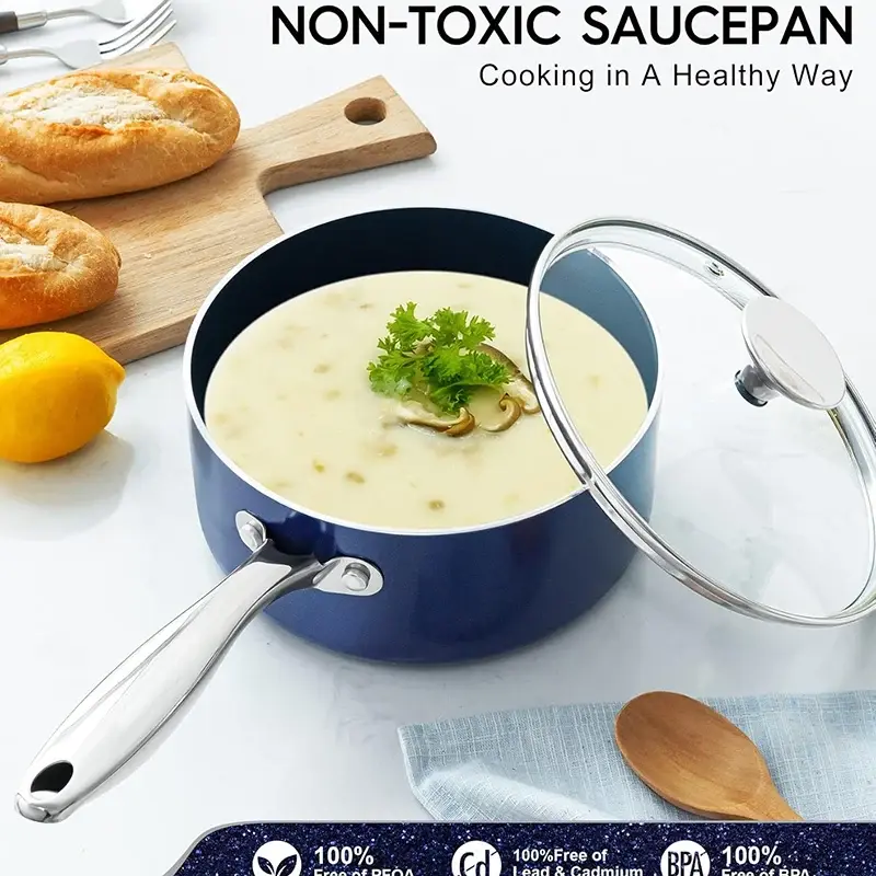 MICHELANGELO Non-stick Milk Pot with Lid Ceramic Coated Stew Pot Stainless Steel Handle Sauce Pot Multifunctional Cooking Pot