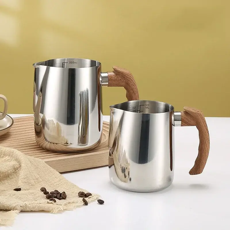 600/900ML Stainless Steel Milk Frothing Jug Precise Scale Wooden Handle Latte Coffee Cup Coffeeware Kitchen Cafe Accessories