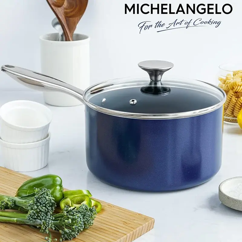 MICHELANGELO Non-stick Milk Pot with Lid Ceramic Coated Stew Pot Stainless Steel Handle Sauce Pot Multifunctional Cooking Pot