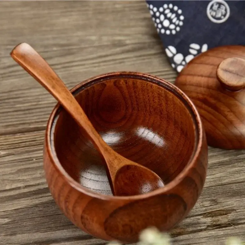 Wooden Seasoning Jar Salt Jar ​with Lid and Spoon Spice Pepper Seasoning Container Condiment Storage Bowl Household Kitchen Tool