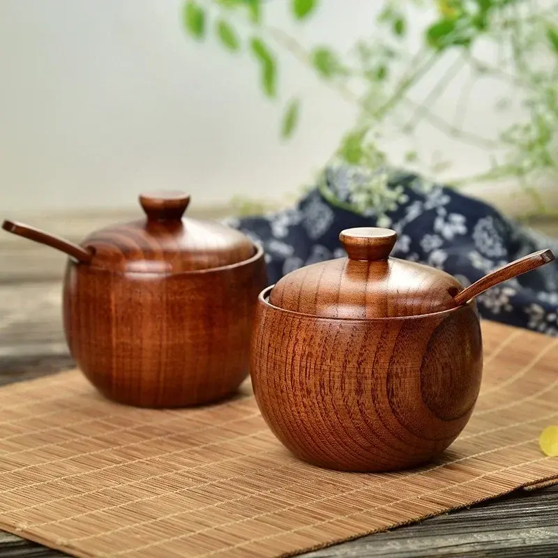 Wooden Seasoning Jar Salt Jar ​with Lid and Spoon Spice Pepper Seasoning Container Condiment Storage Bowl Household Kitchen Tool
