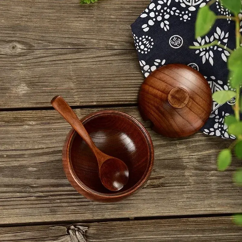 Wooden Seasoning Jar Salt Jar ​with Lid and Spoon Spice Pepper Seasoning Container Condiment Storage Bowl Household Kitchen Tool