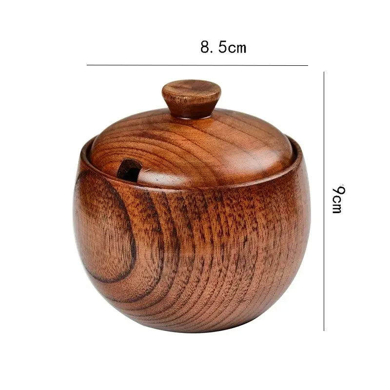 Wooden Seasoning Jar Salt Jar ​with Lid and Spoon Spice Pepper Seasoning Container Condiment Storage Bowl Household Kitchen Tool