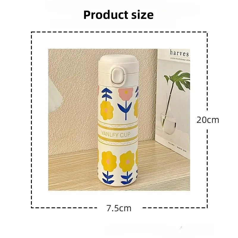 420ml Cute Cartoon Flower Tulip Thermos Cup with Buckle and Straw Milk Tea Coffee Mug Leak-Proof Thermos Cup Travel Water Bottle