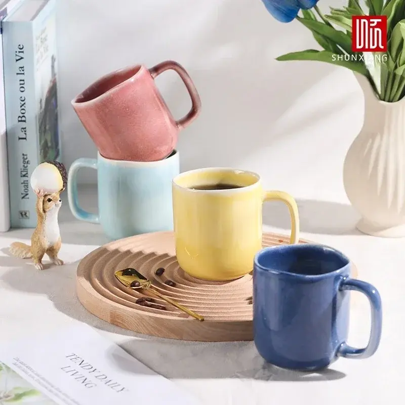 Shunxiang 440ml Ceramic Coffee Mug with Handle Ceramic Glaze Solid Color Drinking Cup Irregular Cup Mouth Home Breakfast Oat Cup
