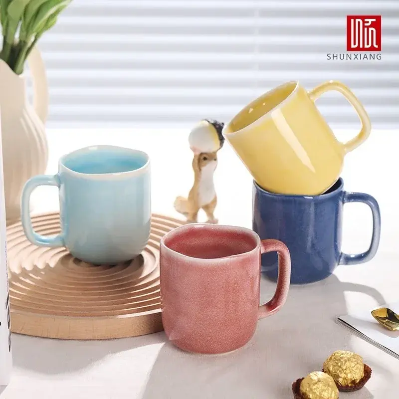 Shunxiang 440ml Ceramic Coffee Mug with Handle Ceramic Glaze Solid Color Drinking Cup Irregular Cup Mouth Home Breakfast Oat Cup