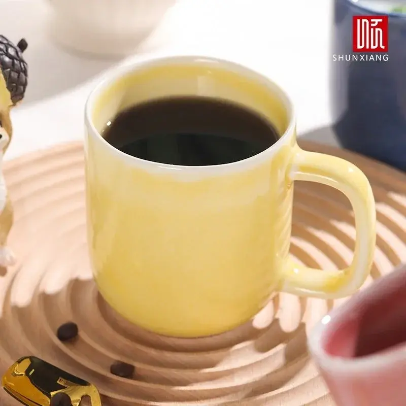 Shunxiang 440ml Ceramic Coffee Mug with Handle Ceramic Glaze Solid Color Drinking Cup Irregular Cup Mouth Home Breakfast Oat Cup