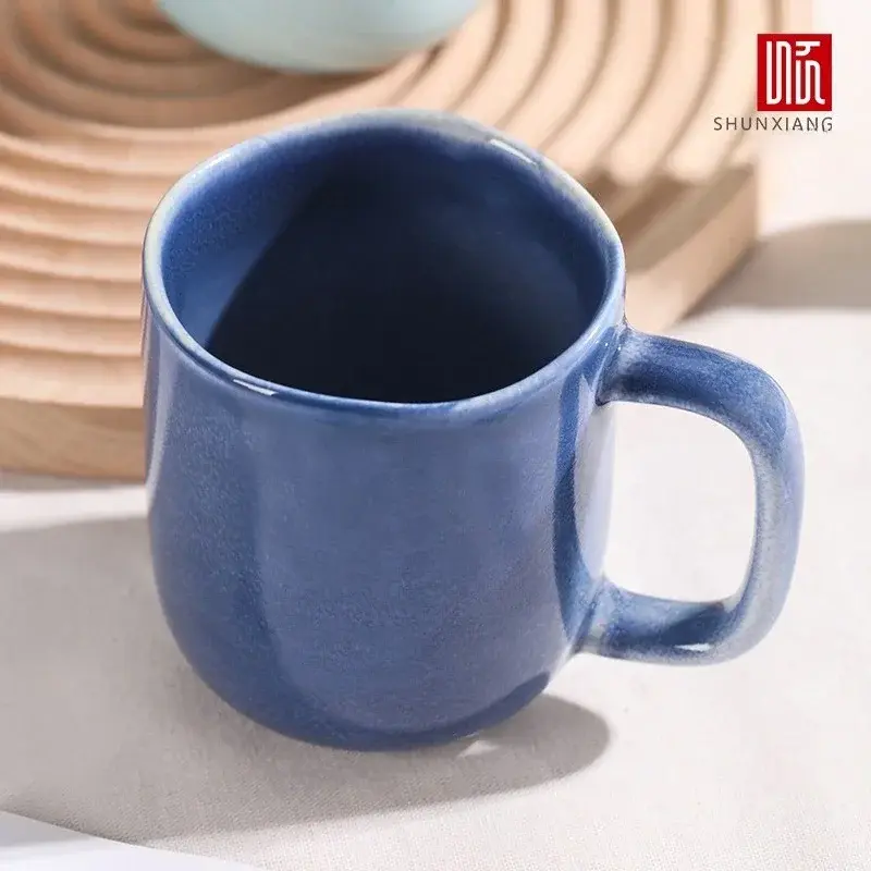 Shunxiang 440ml Ceramic Coffee Mug with Handle Ceramic Glaze Solid Color Drinking Cup Irregular Cup Mouth Home Breakfast Oat Cup
