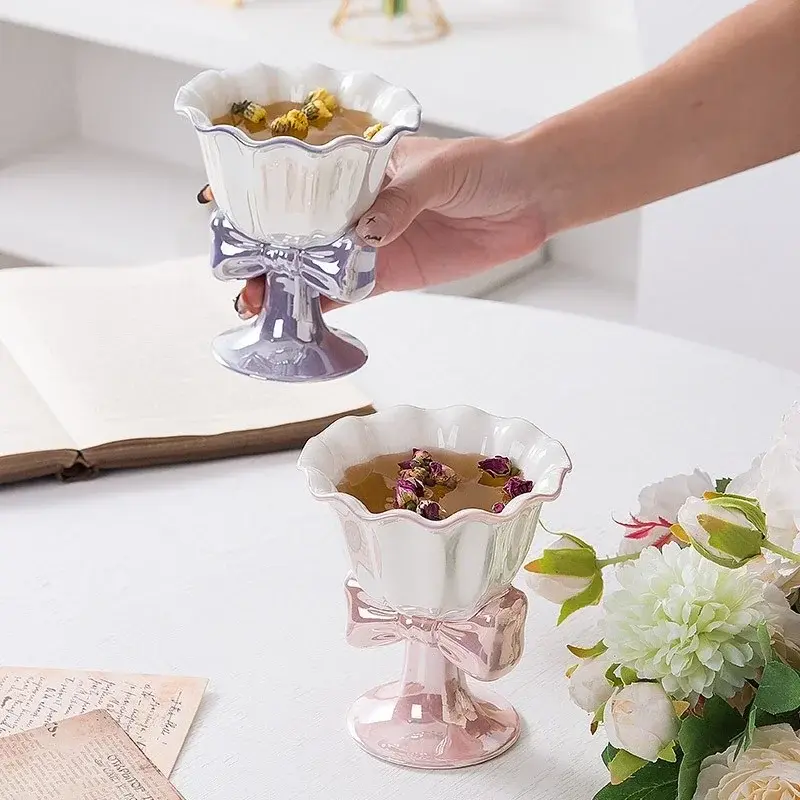 1Pcs 180ML Ceramic Ice Cream Footed Dessert Bowl Cup Milk Yogurt Cereal Dessert Serving Dish Fruit Salad Pudding Trays