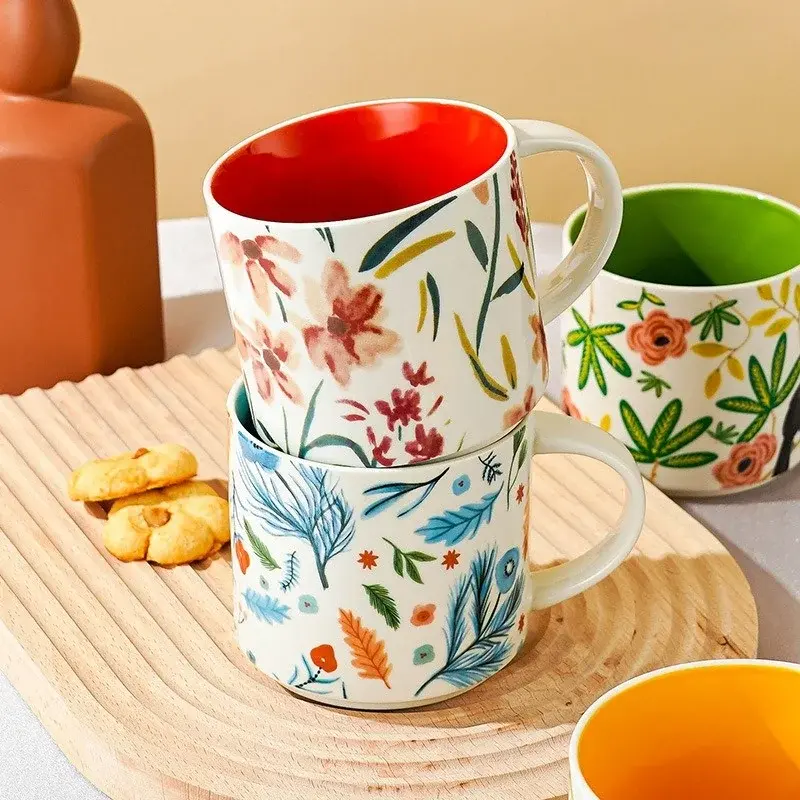 Floral Glaze Ceramic Mug 450ml Flower Bird Coffee Tea Cup Household Large Capacity Breakfast Mugs Business Gift Mugs Coffee Cups