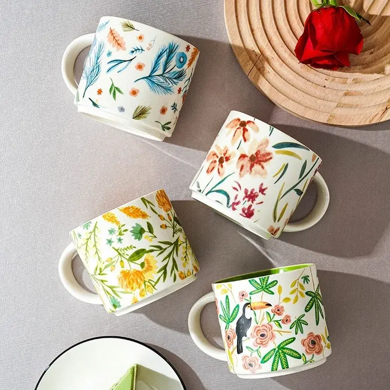 Floral Glaze Ceramic Mug 450ml Flower Bird Coffee Tea Cup Household Large Capacity Breakfast Mugs Business Gift Mugs Coffee Cups