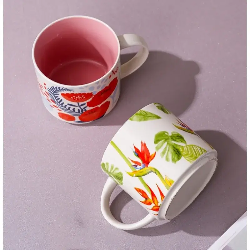Floral Glaze Ceramic Mug 450ml Flower Bird Coffee Tea Cup Household Large Capacity Breakfast Mugs Business Gift Mugs Coffee Cups