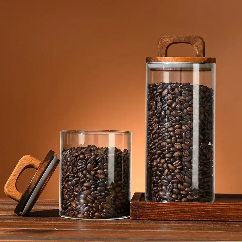 Clear Glass Jar with Bamboo Lid Sealed Canister Food Storage Container for Loose Tea Coffee Bean Sugar Salt Kitchen Gadgets