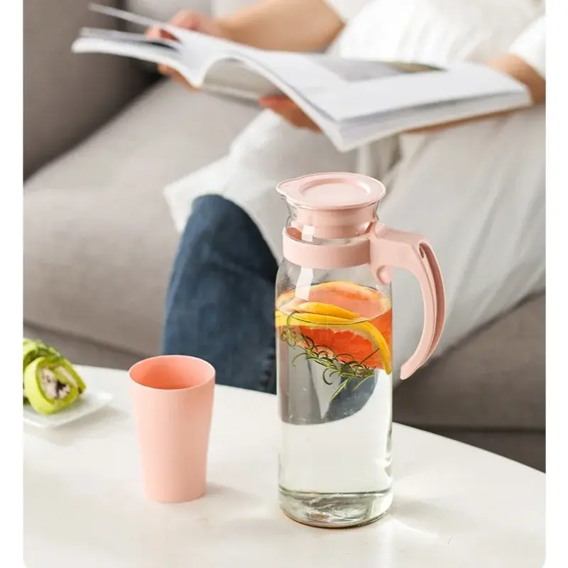 1Pcs Glass Water Pitcher Heat Resistant Glass Carafe Beverage Juice Dispenser Cold Water Kettle with With Lid and Handle