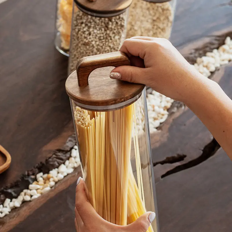 Clear Glass Jar with Bamboo Lid Sealed Canister Food Storage Container for Loose Tea Coffee Bean Sugar Salt Kitchen Gadgets