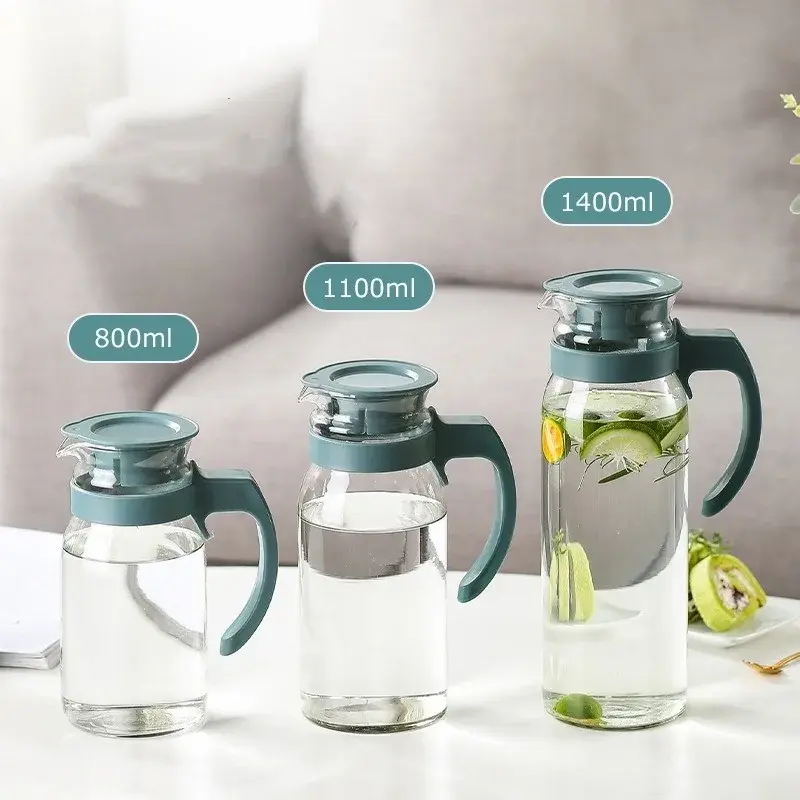 1Pcs Glass Water Pitcher Heat Resistant Glass Carafe Beverage Juice Dispenser Cold Water Kettle with With Lid and Handle
