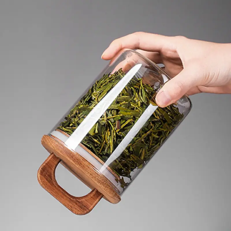 Clear Glass Jar with Bamboo Lid Sealed Canister Food Storage Container for Loose Tea Coffee Bean Sugar Salt Kitchen Gadgets