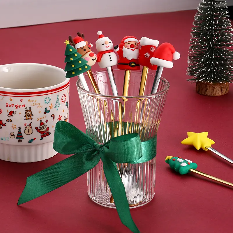 6/4PCS Christmas Gift Glod Silver Spoon Fork Set Elk Christmas Tree Decoration Dessert Scoop Fruit Fork Coffee Spoon Cutlery Set