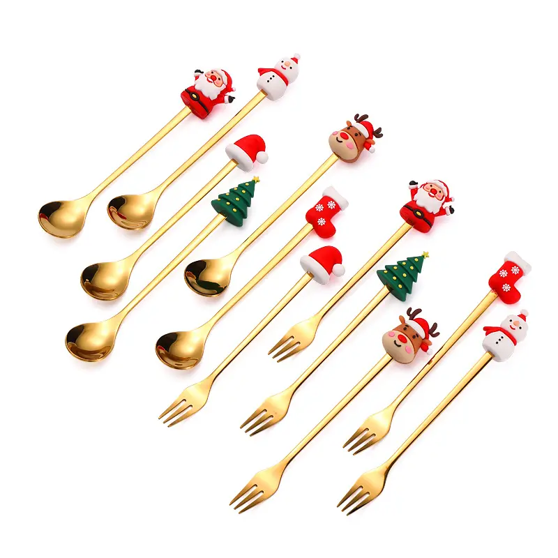 6/4PCS Christmas Gift Glod Silver Spoon Fork Set Elk Christmas Tree Decoration Dessert Scoop Fruit Fork Coffee Spoon Cutlery Set