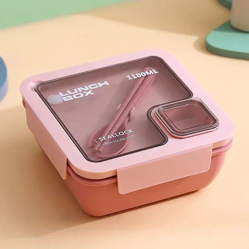 850/1100ML Portable Plastic Divider Integrated Children's Lunch Box Set Full Microwave Heated Lunch Box with Insulated Bag