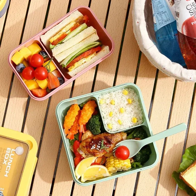850/1100ML Portable Plastic Divider Integrated Children's Lunch Box Set Full Microwave Heated Lunch Box with Insulated Bag