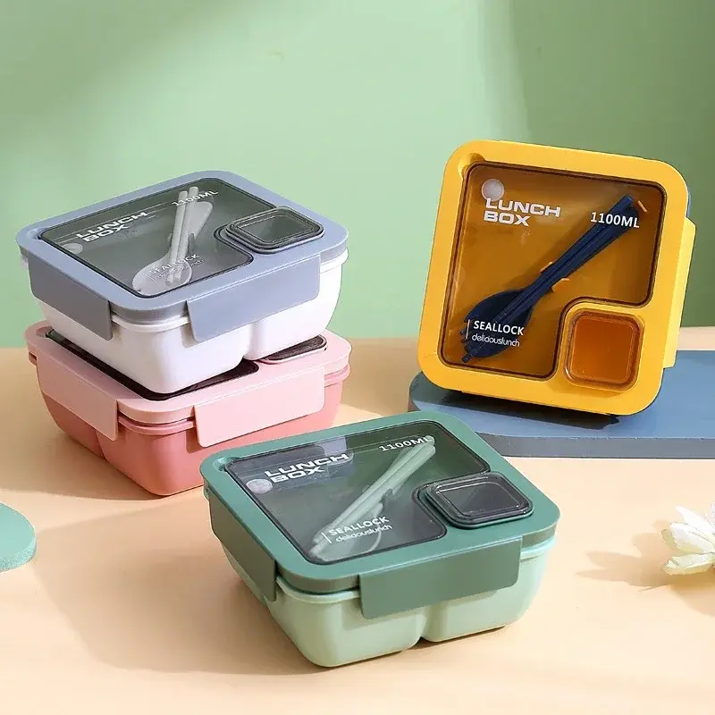 850/1100ML Portable Plastic Divider Integrated Children's Lunch Box Set Full Microwave Heated Lunch Box with Insulated Bag