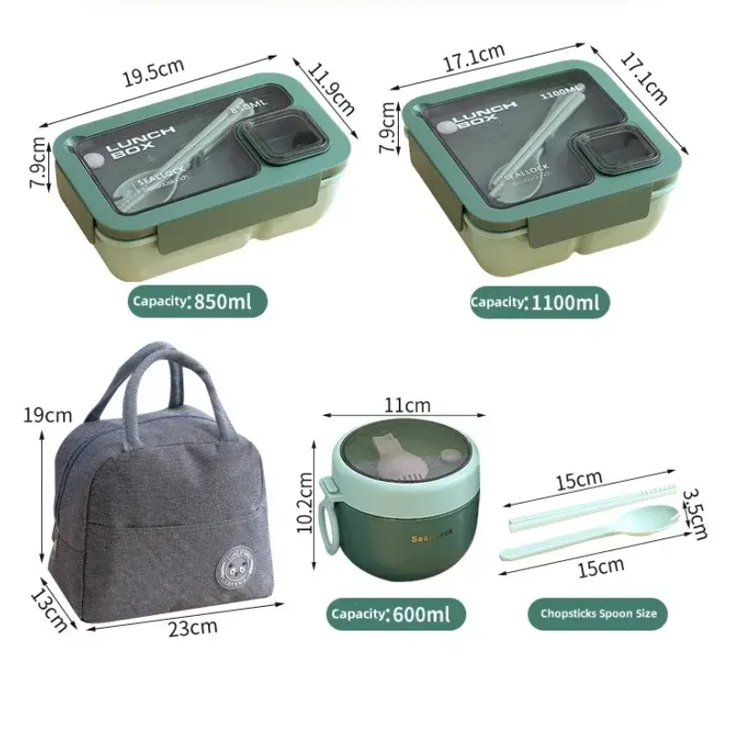 850/1100ML Portable Plastic Divider Integrated Children's Lunch Box Set Full Microwave Heated Lunch Box with Insulated Bag