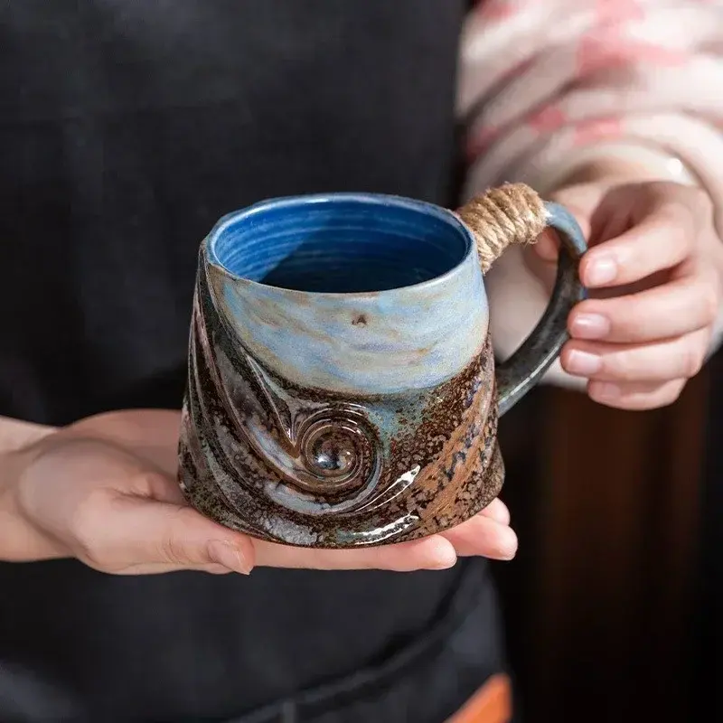 320ML Creative Spiral Hemp Rope Ceramic Mug Office Afternoon Tea Coffee Mug Vintage Stoneware Coffee Mug Living Room Decoration