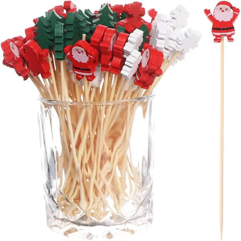 Bamboo Skewer Christmas Fruit Sticks Disposable Santa Claus Snowflake Xmas Tree Fruit Fork Buffet Kitchen Dessert Xmas Ornament